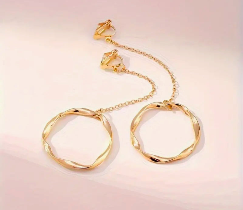 Clip on 3 3/4" Xlong gold chain twisted hoop dangle earrings