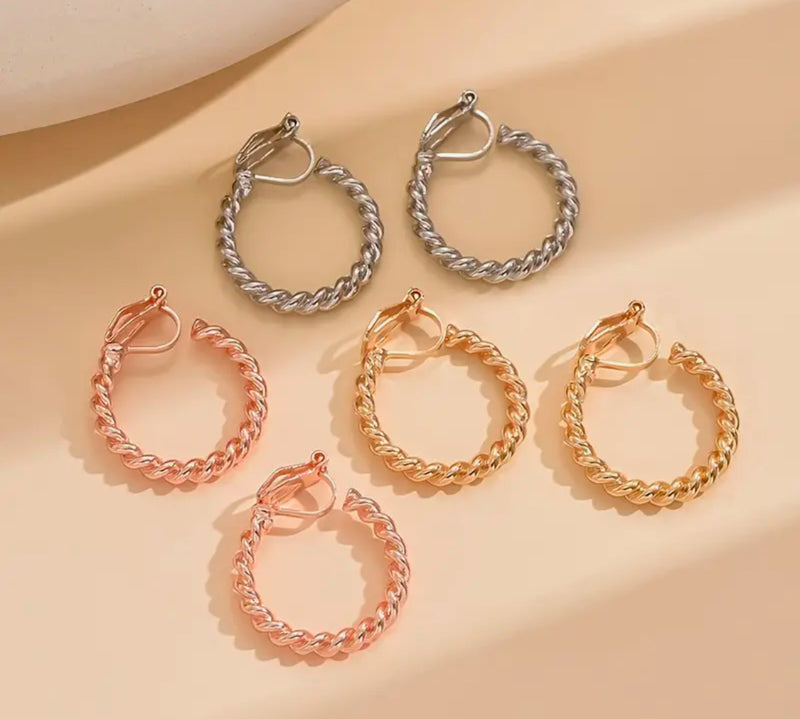 Clip on 1" twisted rose gold open back hoop earrings