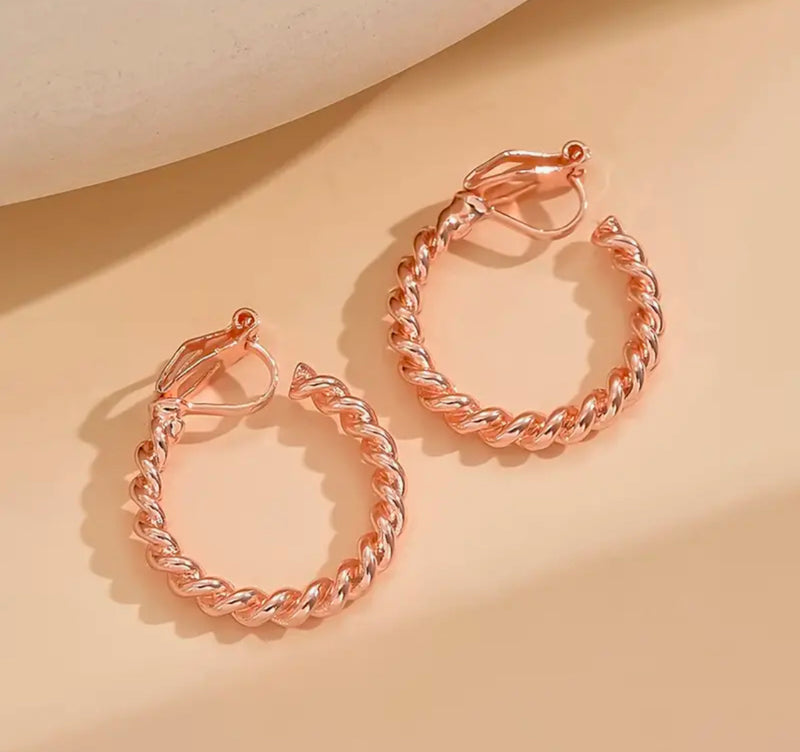 Clip on 1" twisted rose gold open back hoop earrings