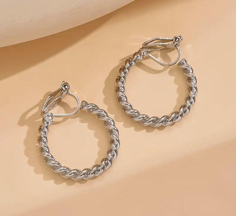 Clip on 1" twisted silver open back hoop earrings