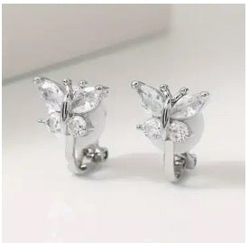 Clip on 1/2" small silver and clear stone butterfly earrings