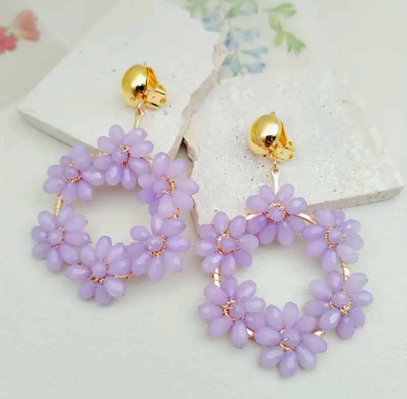 Clip on 3" gold wire and purple bead flower dangle hoop earrings