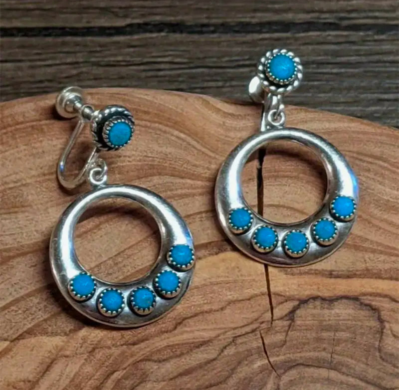 Western clip on 2" silver and turquoise stone dangle hoop earrings