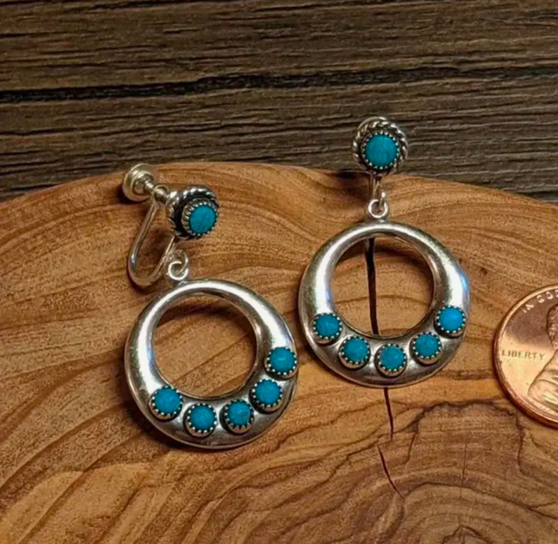 Western clip on 2" silver and turquoise stone dangle hoop earrings