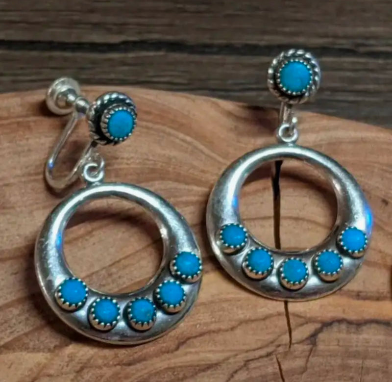 Western clip on 2" silver and turquoise stone dangle hoop earrings