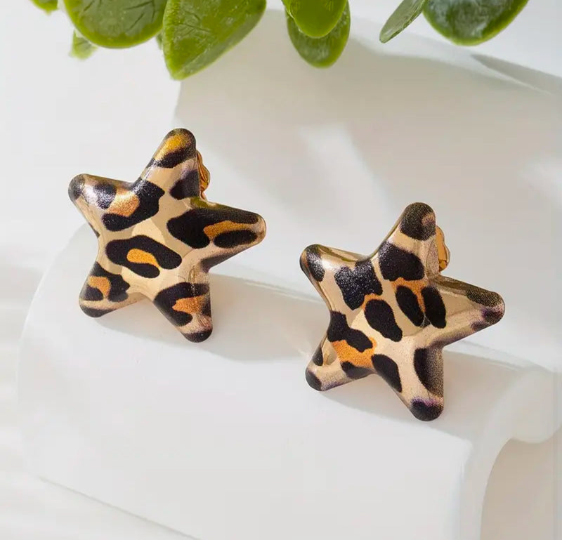 Clip on 1" gold, brown multi colored animal print star earrings