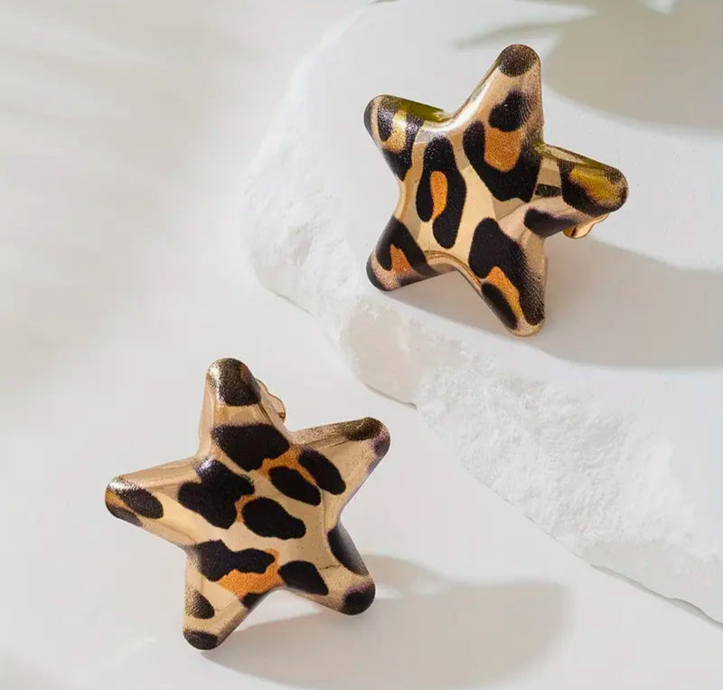 Clip on 1" gold, brown multi colored animal print star earrings