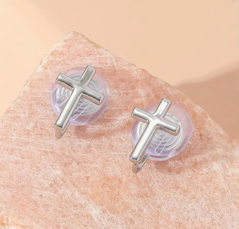 Clip on comfort coil 1/2" small silver cross button style earrings