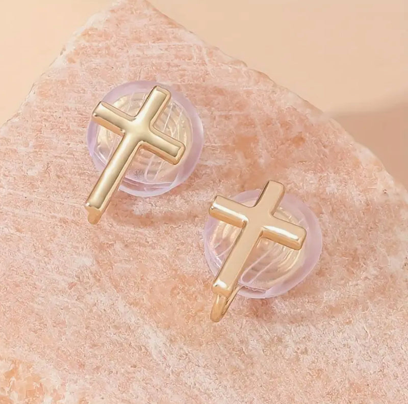 Clip on comfort coil 1/2" small gold cross button style earrings