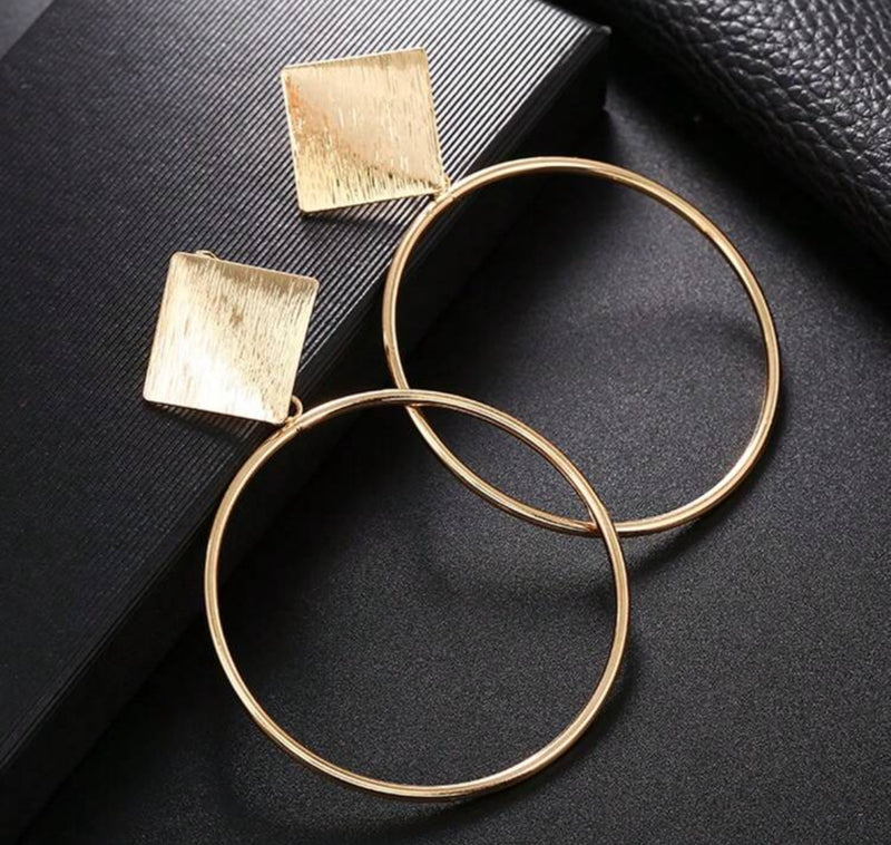 Clip on 3" gold textured square dangle hoop earrings