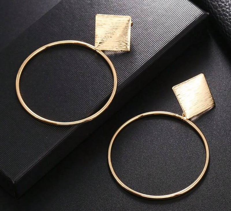 Clip on 3" gold textured square dangle hoop earrings