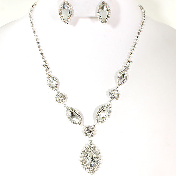 Clip on silver & clear stone marque stone necklace & earring set