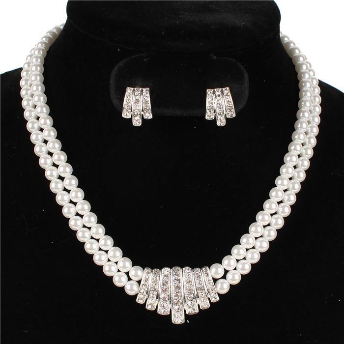 Pierced silver, white pearl & clear stone double strand necklace set