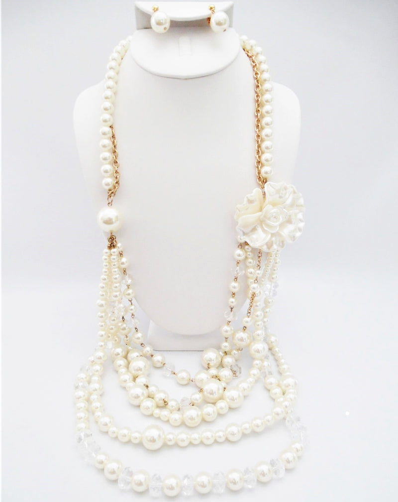 Classy clip on long gold, cream pearl & clear bead flower necklace set