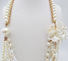 Classy clip on long gold, cream pearl & clear bead flower necklace set