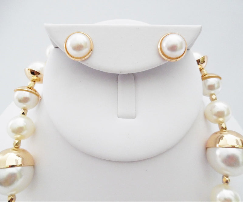 Pierced gold cap white pearl necklace and earring set