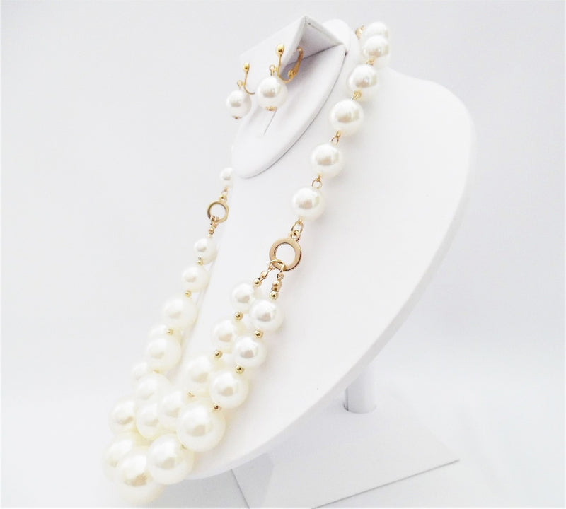 Clip on gold and white pearl layered front necklace and earring set