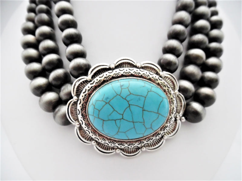 Clip on gunmetal multi strand center turquoise stone necklace and earring set