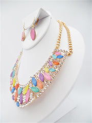 Clip on gold chain multi colored stone statement necklace & earring set
