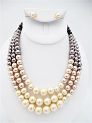 Pierced gold, black bead, gray pearl & cream pearl necklace and earring set