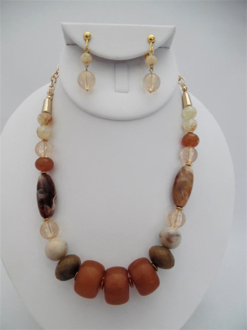 Clip on gold, brown and cream bead necklace and earring set