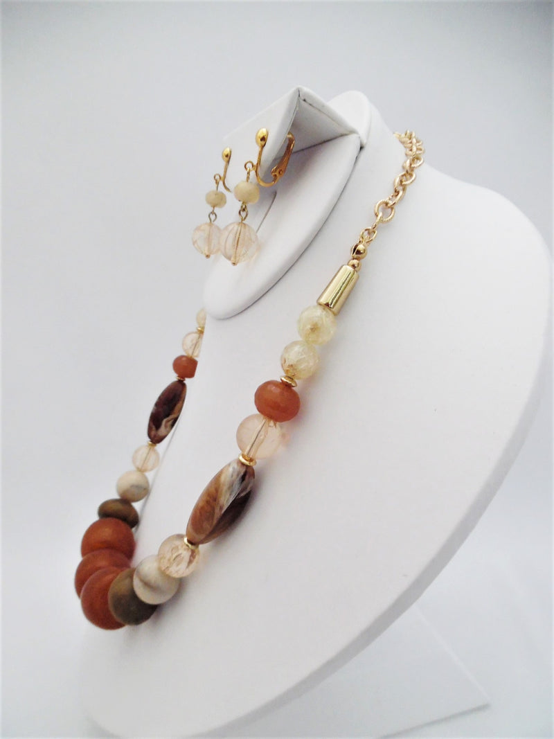 Clip on gold, brown and cream bead necklace and earring set