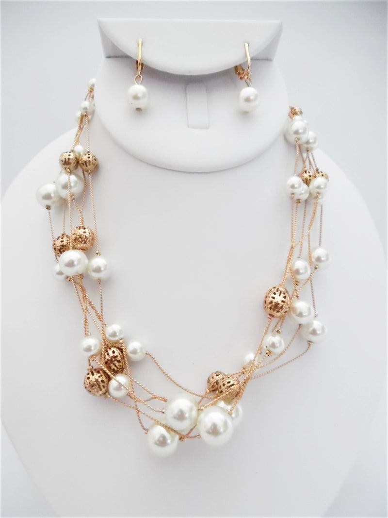 Clip on matte gold multi chain bead and cream pearl necklace & earring set