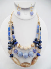 Pierced gold chain, blue multi colored three layered bead necklace set