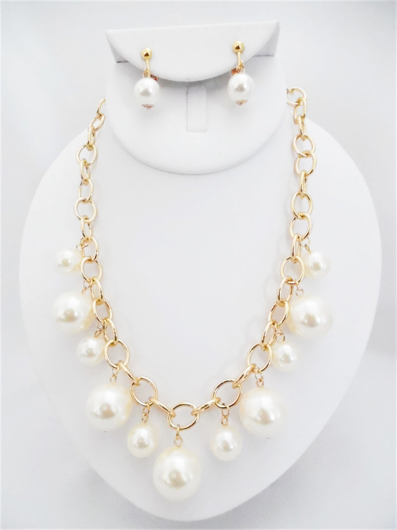 Clip on gold chain dangle cream pearl necklace and earring set