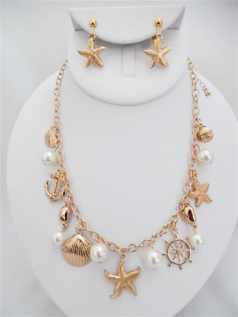 Clip on silver multi chain button pearl necklace and earring set