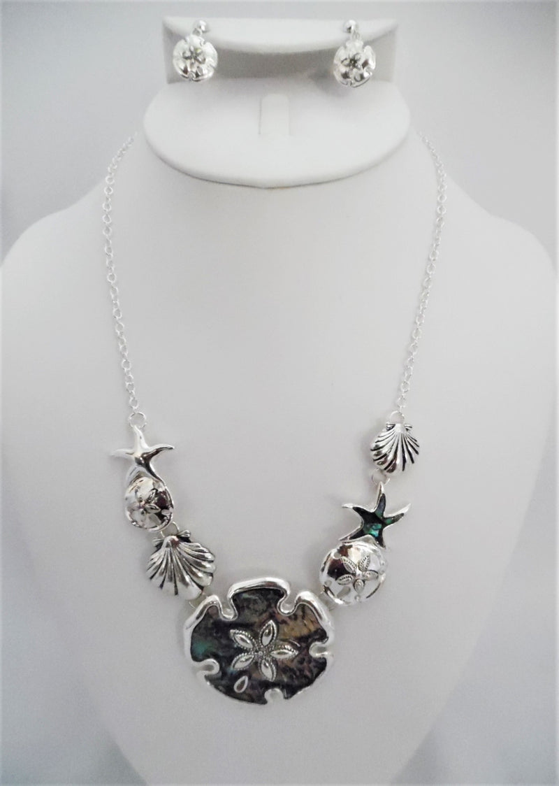 Clip on silver starfish and multi colored sand dollar necklace set