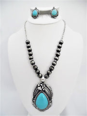 Clip on silver bead, turquoise & clear stone necklace and earring set