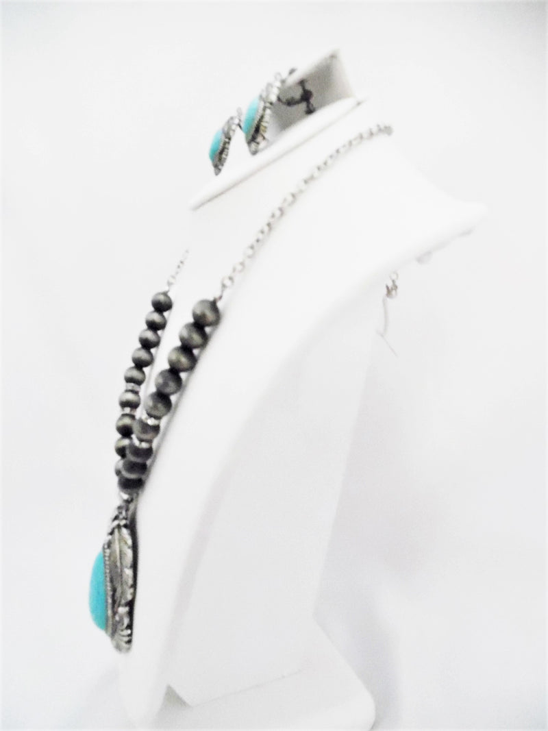 Clip on silver bead, turquoise & clear stone necklace and earring set