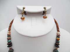 Clip on brass and multi colored bead multi hoop pendant necklace and earring set