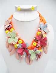 Clip on gold, orange woven cord multi colored suede flower necklace set