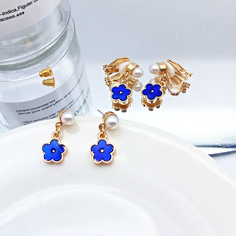 DSN Clip on or pierced gold and blue dangle flower and pearl earrings