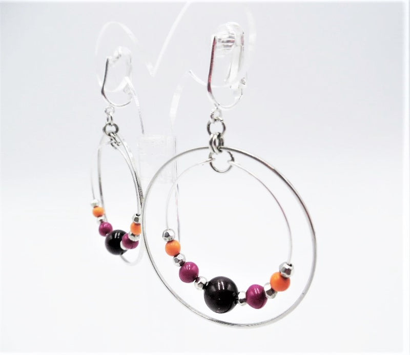 Clip on 2 1/2"  silver double hoop earrings with pink, purple & orange beads