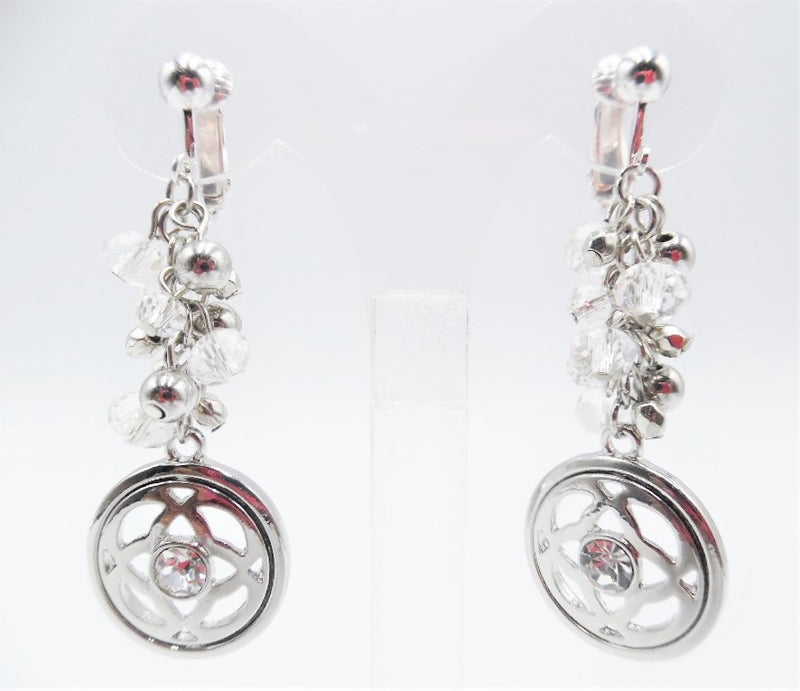 Clip on 2 1/4" silver clear bead earrings with dangle clear stone