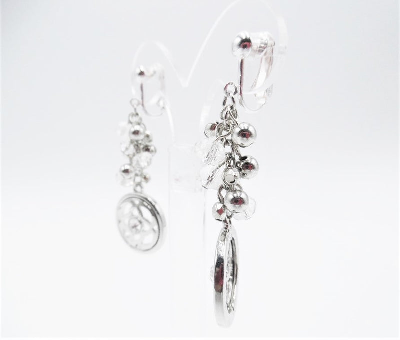 Clip on 2 1/4" silver clear bead earrings with dangle clear stone