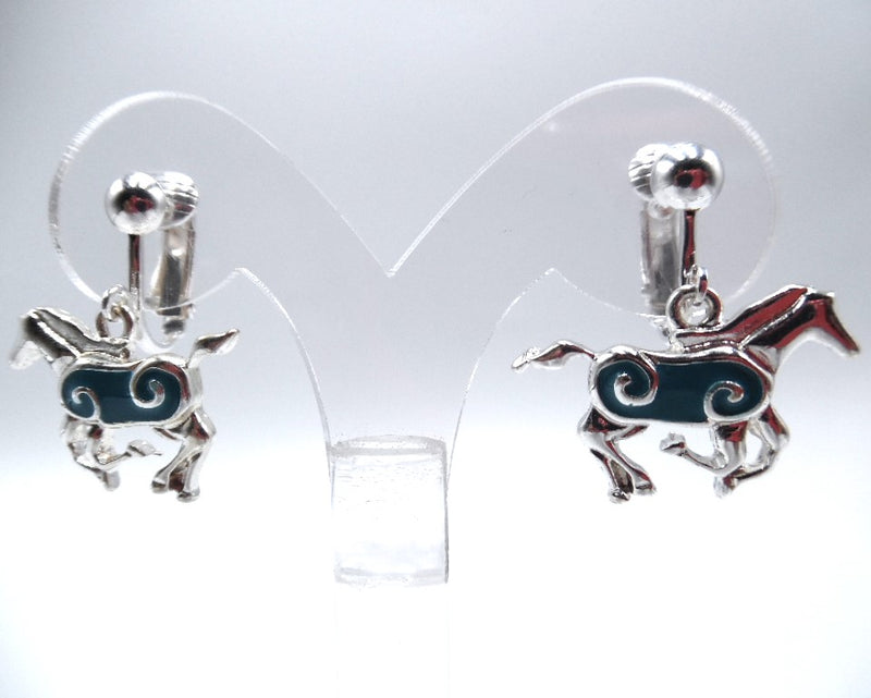 Western clip on 1 1/4" silver and turquoise dangle horse earrings