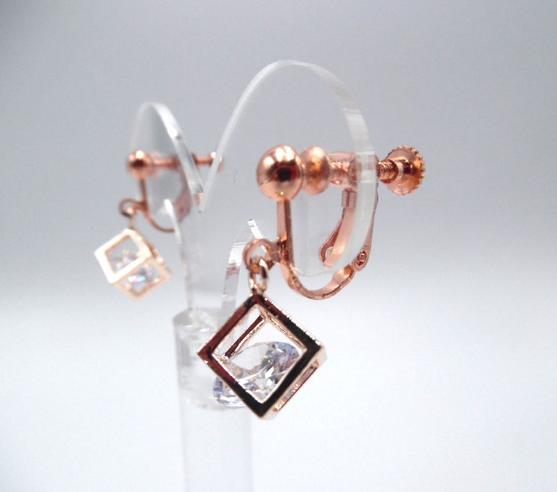 Clip on 1" rose clear stone dangle square earrings