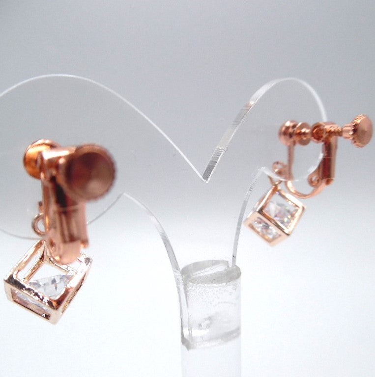 Clip on 1" rose clear stone dangle square earrings