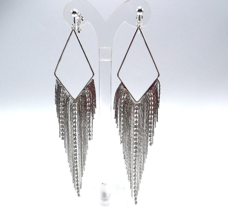 Clip on 4" long matte silver hammered twisted dangle earrings