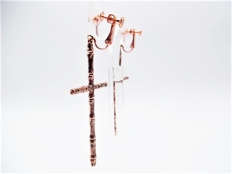 Trendy clip on 3" long rose bamboo style dangle cross earrings