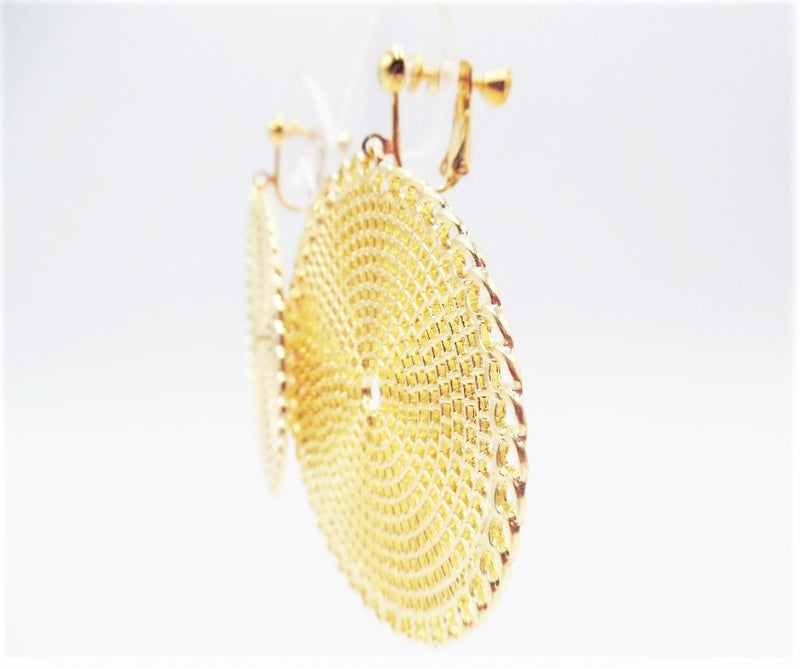 Clip on gold 2 3/4" XL pinhole dangle circle earrings