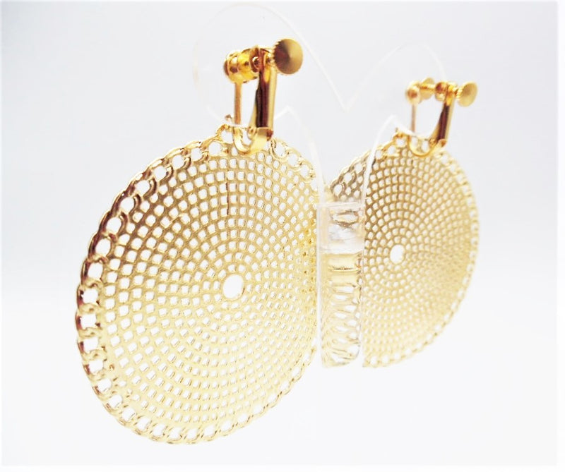Clip on gold 2 3/4" XL pinhole dangle circle earrings