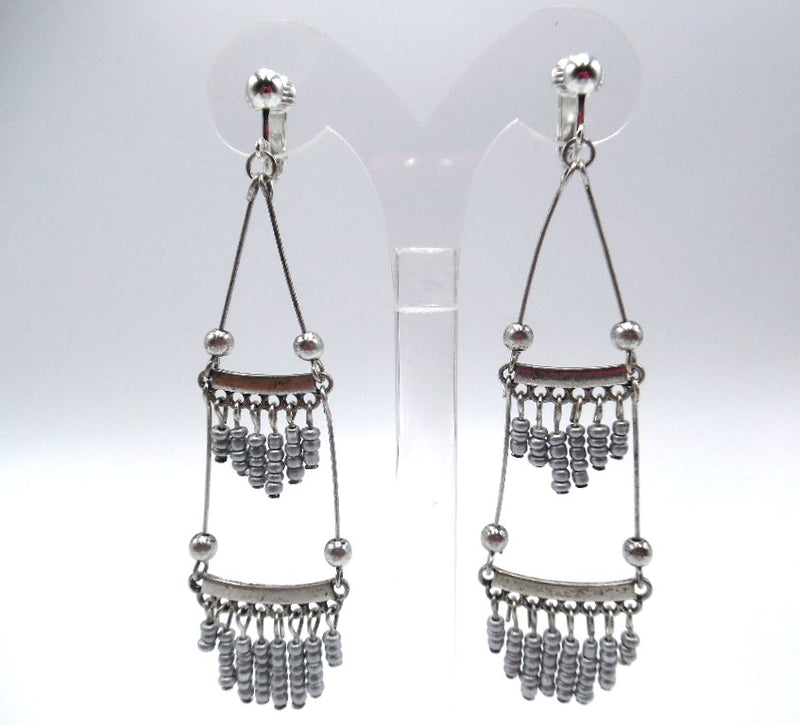 Clip on 3 3/4" long silver wire gray seed bead dangle earrings