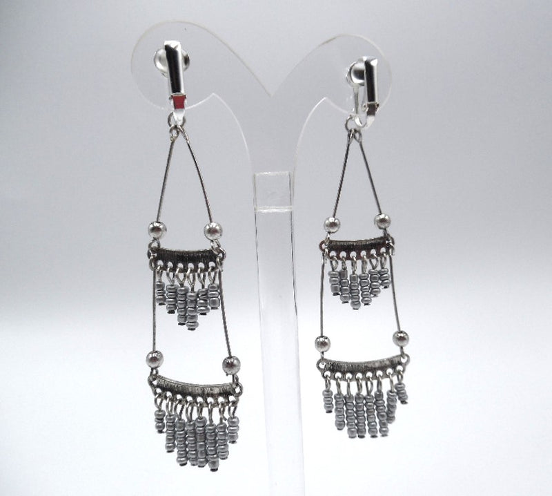 Clip on 3 3/4" long silver wire gray seed bead dangle earrings