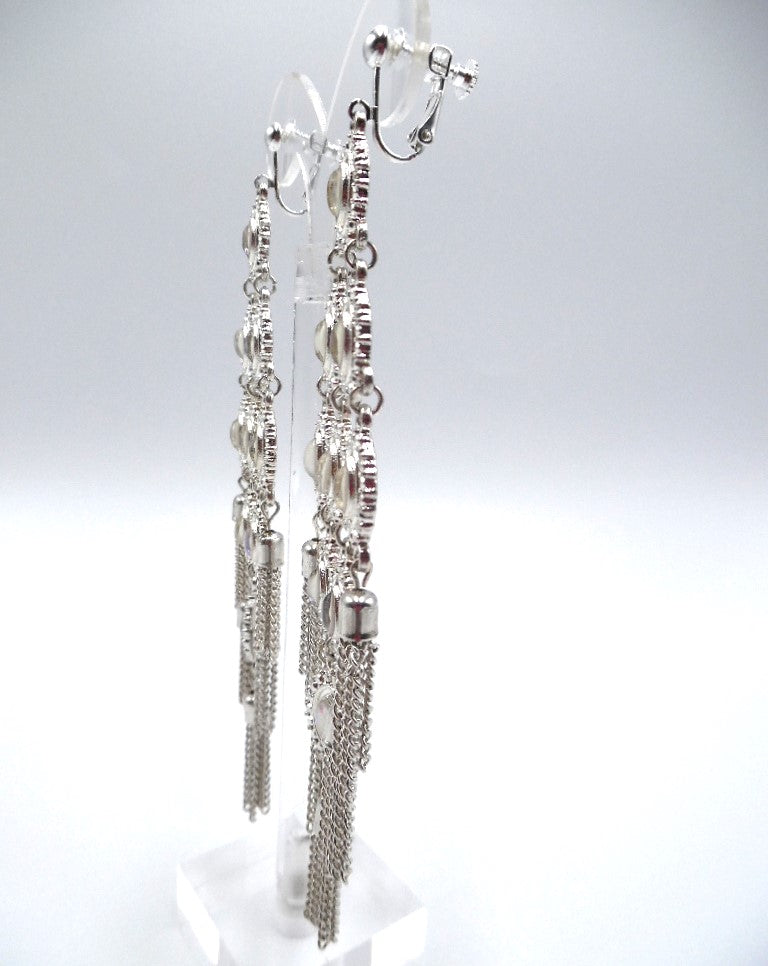 Clip on 5 1/2" silver cream and pink stone dangle tassel earrings