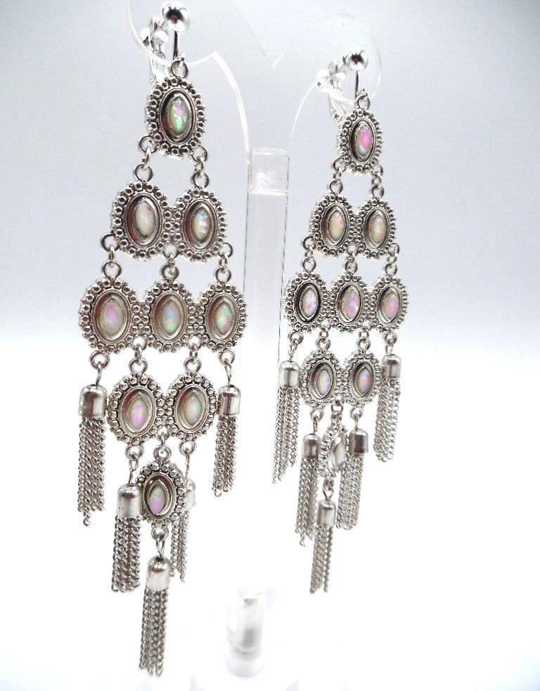 Clip on 5 1/2" silver cream and pink stone dangle tassel earrings